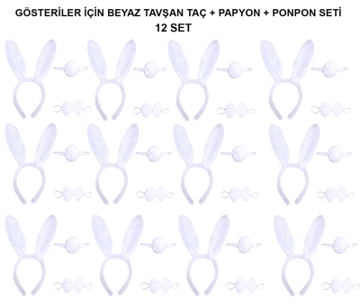 Beyaz Tavşan Kostüm Seti – Taç, Papyon, Kuyruk (12’li Paket)