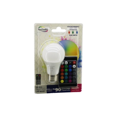 ELİTLED EL-01-Y ( KUMANDALI ) ( 9W=60W ) (RGB=16-RENKLİ) LED AMPUL (E27) (800 LÜMEN) (6500K) (25.000 SAAT ÖMÜR)*25