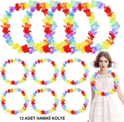 Hawaii Çiçekli Boyun Kolyesi - Renkli Tropikal Parti Leisi 12 Adet