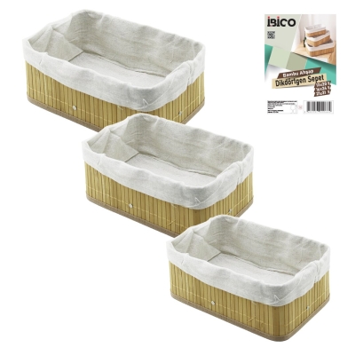 İBİCO İ12-066 ( 3 BOY ) ( DİKDÖRTGEN ) ( BAMBU KENAR ) ORGANİZER SEPET ( AHŞAP ALTLIK & BEZLİ ) ( 13X20 & 16X24 & 21X31CM )*24