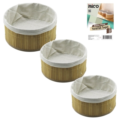 İBİCO İ12-069 ( 3 BOY ) ( YUVARLAK ) ( BAMBU KENAR ) ORGANİZER SEPET ( AHŞAP ALTLIK & BEZLİ ) ( ÇAP: 21CM & 25CM & 28CM )*24