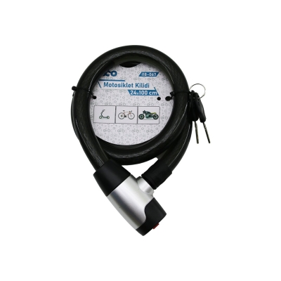 İBİCO İ18-067 ( ANAHTARLI ) ( METAL KAPLAMA KAFA ) ( ÇEK-İT KİLİT KAPAK ) MOTOR & BİSİKLET KİLİT ( ÇELİK TEL ) ( SİYAH ŞEFFAF KILIF ) ( 24MMX100CM )*50