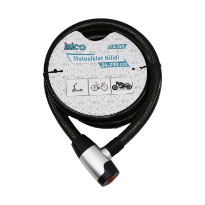 İBİCO İ18-069 (ANAHTARLI) (METAL KAPLAMA KAFA) (ÇEK-İT KİLİT KAPAK) MOTOR & BİSİKLET KİLİT (ÇELİK TEL) (SİYAH ŞEFFAF KILIF) (24MMX200CM)*20
