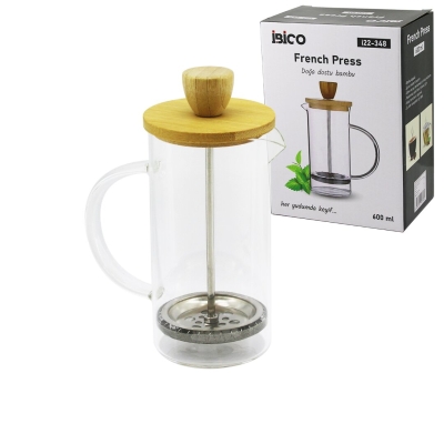 İBİCO İ22-348 FRENCH PRESS ( BAMBU KAPAK) ( 600ML ) ( CAM ) BİTKİ SÜZGEÇİ*40