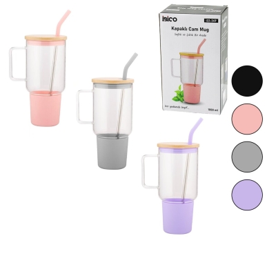 İBİCO İ22-349 ( CAM ) ( 1000ML ) MATARA & SULUK ( BAMBU KAPAK & SIZDIRMAZ SİLİKONLU ) ( ÇELİK PİPET ) ( KORUYUCU SİLİKON ALTLIK & KILIF )*24