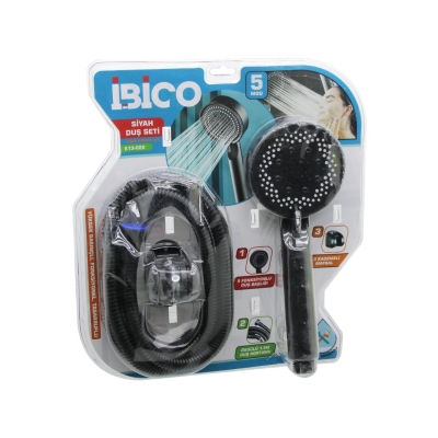 İBİCO K13-022 (VAKUMLU & SİYAH) LÜKS DUŞ SETİ  (DUŞ BAŞLIK=5 MOD=FONKSİYON) (ÖRGÜLÜ HORTUM=1.5MT) (MAFSAL=3 KADEME)*32