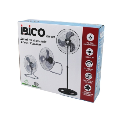 İBİCO VNT-001 (3İN1=DUVARA MONTE& MASA ÜSTÜ& AYAKLI) (45CM) (SANAYİ) TİPİ VANTİLATÖR (3 KADEME HIZ & 3 METAL KANAT) (75W) FAN*1