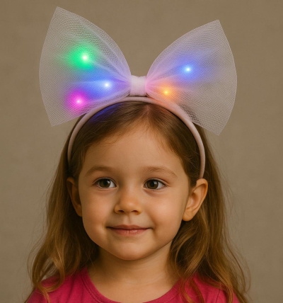 Rengarenk Led Işıklı Fiyonk Şekilli Tül Parti Tacı Beyaz Renk 25x25 cm