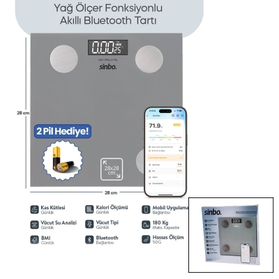 SİNBO SBS-4469 ( GRİ ) (YAĞ ÖLÇER) AKILLI (BLUETOOTH) CAM BASKÜL (PİLLİ) (180KG/50GR) (28X28CM) (8-KİŞİ HAFIZA) (LCD EKRAN) (℃ GÖSTERGE)*10