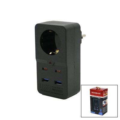 WINNBOSS-3438 TERMAL AKIM KORUMALI  ( 1XPRİZ ) ( 2X USB ) ( 2X TYPE-C ) DUVAR TİPİ PRİZ SİYAH ( 10A & 2500W )*85