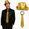 Altın Gold Payetli Şapka ve Kravat Seti – Işıltılı Parti Kombini