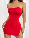 Kırmızı Metalli Straplez Mini Elbise