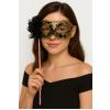 Lüks Taşlı Saplı Maskeli Balo Maskesi Siyah Renk 35 cm