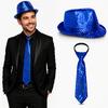 Mavi Payetli Şapka ve Kravat Seti – Işıltılı Parti Kombini