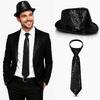 Siyah Payetli Şapka ve Kravat Seti – Işıltılı Parti Kombini